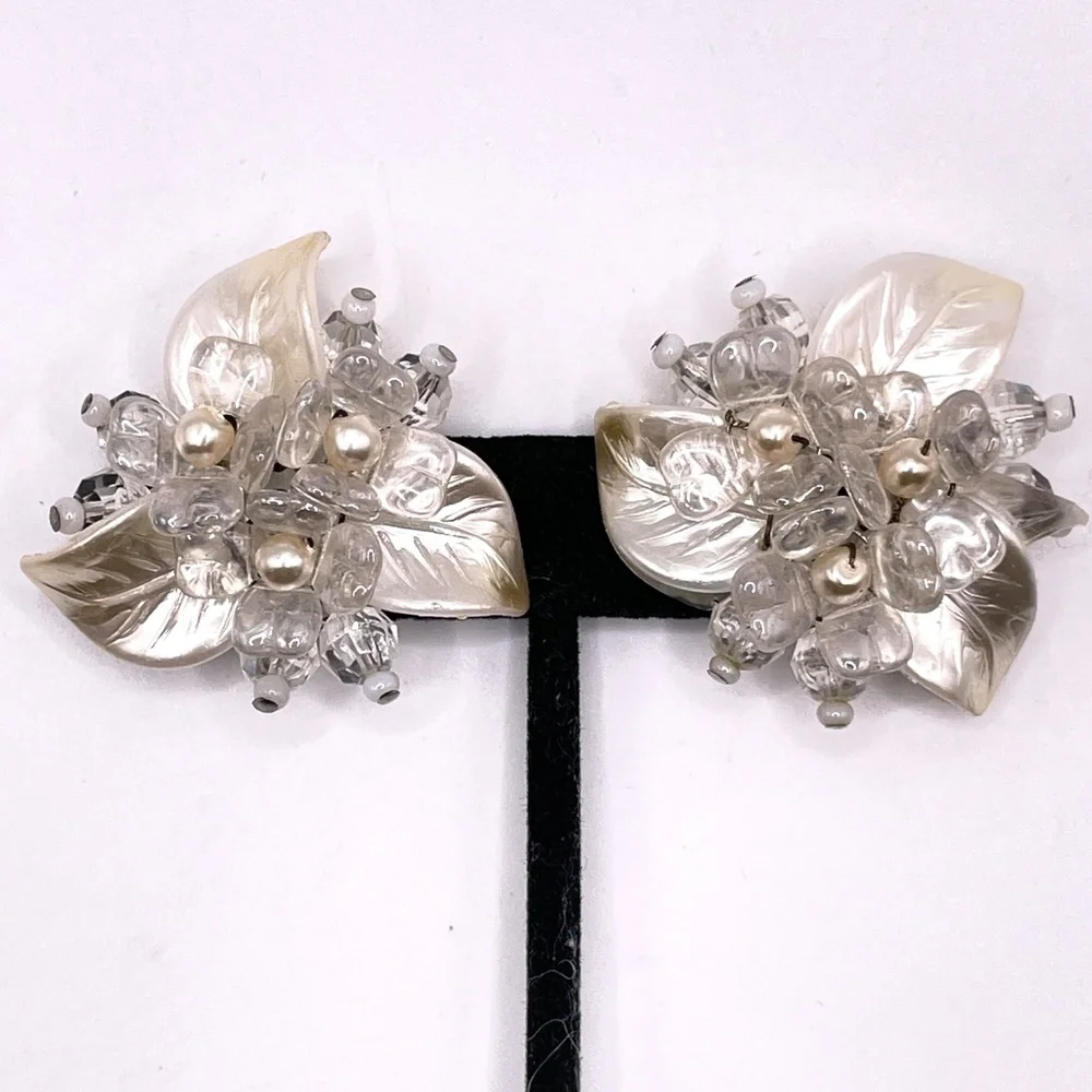 Germany Signed Vintage Lucite Lightweight Pearlized Clip-on Earrings